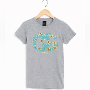 OBEY Women’s Gray Floral Logo T-Shirt Size Small Streetwear Meets Feminine Style